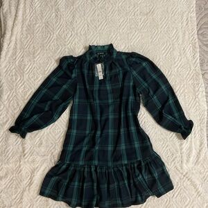 J. Crew Green and Navy Plaid Ruffle-Hem Dress